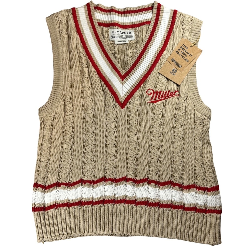 NWT Miller Brewing Cable Knit Sweater‎ Vest Tan Red Striped Men Size XXL